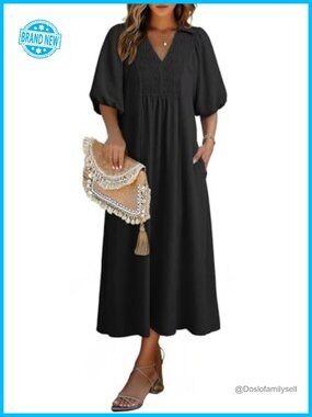 V Neck Puff Sleeve Empire Waist A-Line Maxi Dress with Pockets